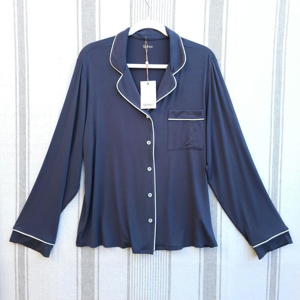 Quince Pajama Top Womens Large Blue Bamboo Jersey Graphite Long Sleeve Cozy Soft